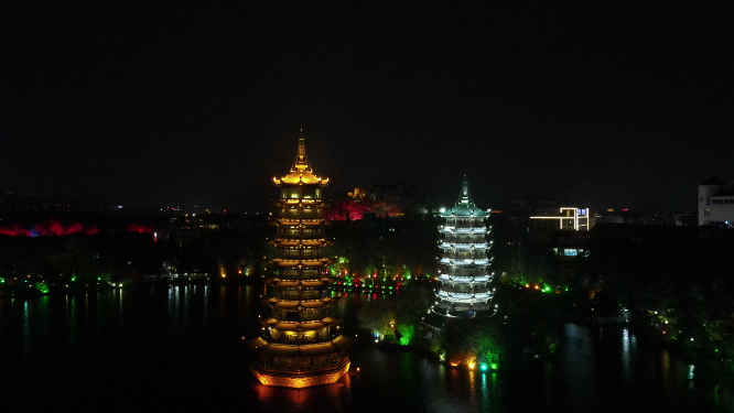 航拍广西桂林日月双塔夜景 