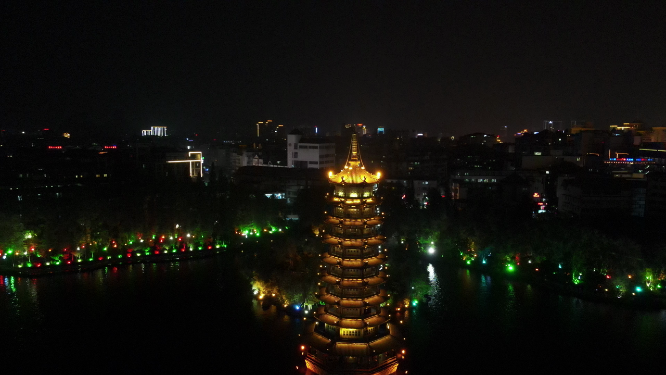 航拍广西桂林日月双塔夜景 
