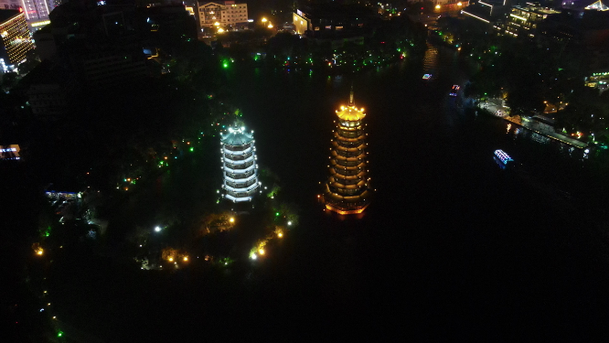 航拍广西桂林日月双塔夜景 