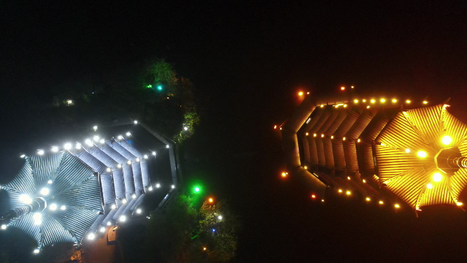 航拍广西桂林日月双塔夜景 