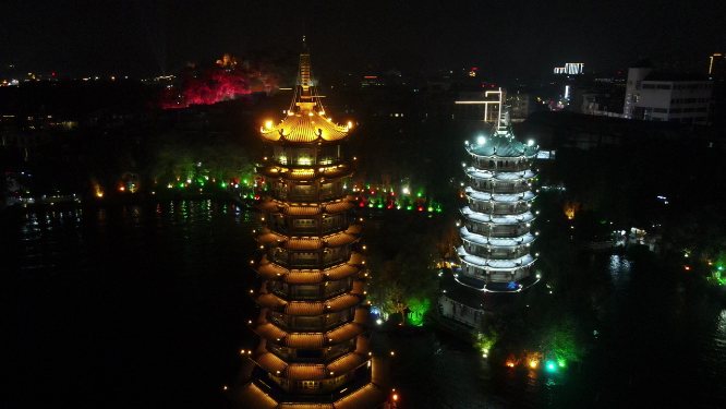 航拍广西桂林日月双塔夜景 