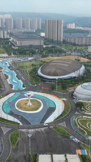 航拍江西九江市体育中心体育馆游泳馆