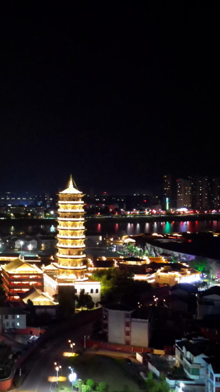航拍江西抚州文昌里正觉古寺夜景