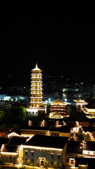 航拍江西抚州文昌里正觉古寺夜景