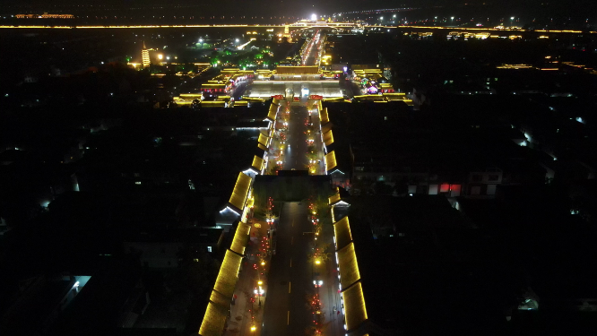 航拍河北石家庄正定古城夜景灯光