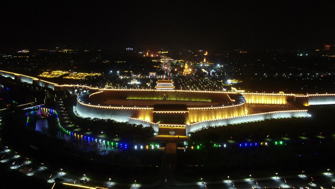 航拍河北石家庄正定古城夜景灯光