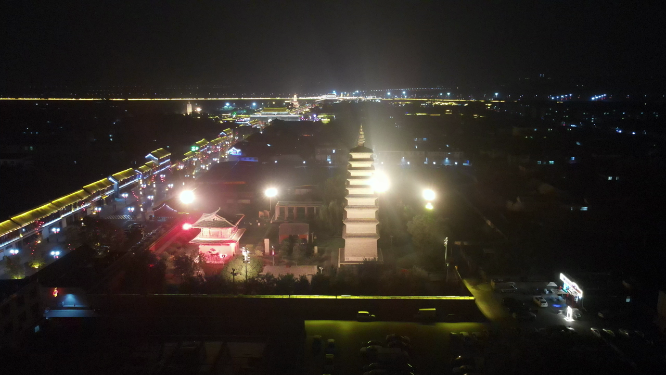 航拍河北石家庄正定古城夜景灯光