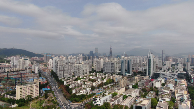 航拍深圳城市风光深南大道华强北