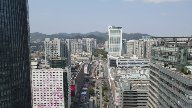 航拍深圳城市风光深南大道华强北