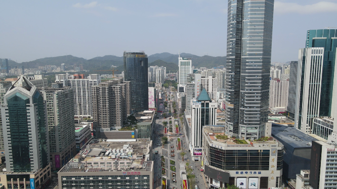 航拍深圳城市风光深南大道华强北