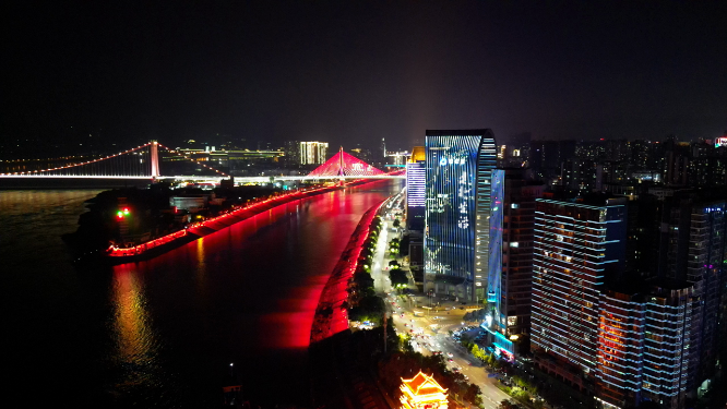 航拍湖北宜昌沿江大道至喜长江大桥夜景
