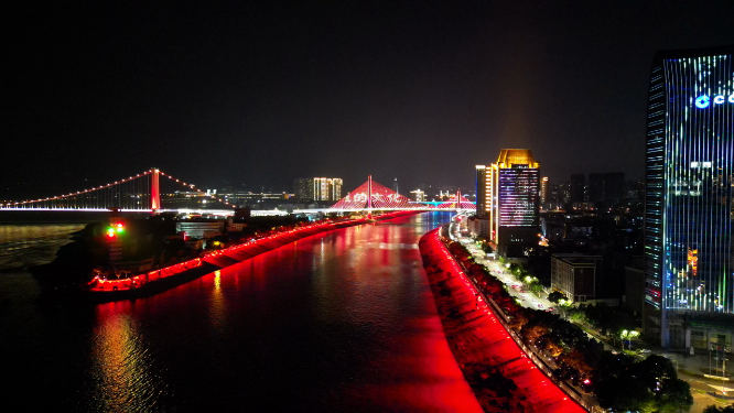 航拍湖北宜昌沿江大道至喜长江大桥夜景