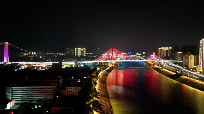 航拍湖北宜昌沿江大道至喜长江大桥夜景