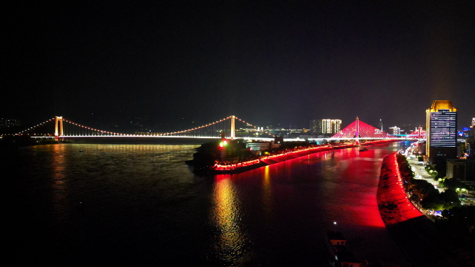 航拍湖北宜昌沿江大道至喜长江大桥夜景