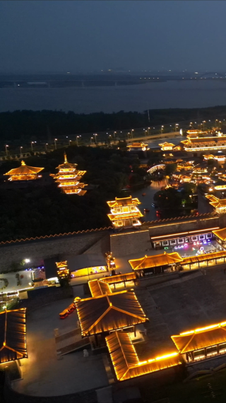航拍湖北襄阳中国唐城影视基地4A景区夜景