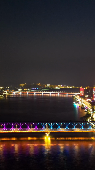 航拍湖北襄阳汉江大桥夜景