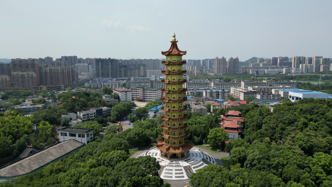 航拍湖北鄂州莲花公园元明塔