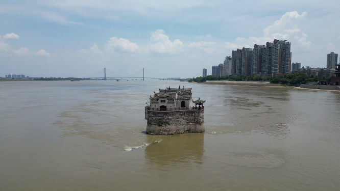航拍湖北鄂州长江观音阁历史文化古建筑