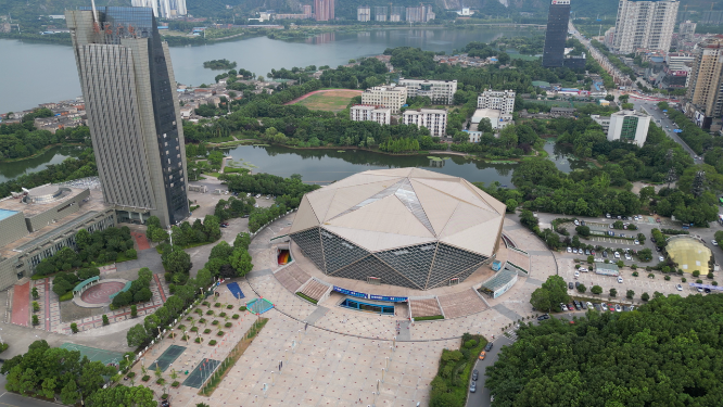 航拍湖北黄石体育馆地标建筑