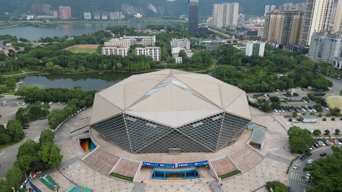 航拍湖北黄石体育馆地标建筑