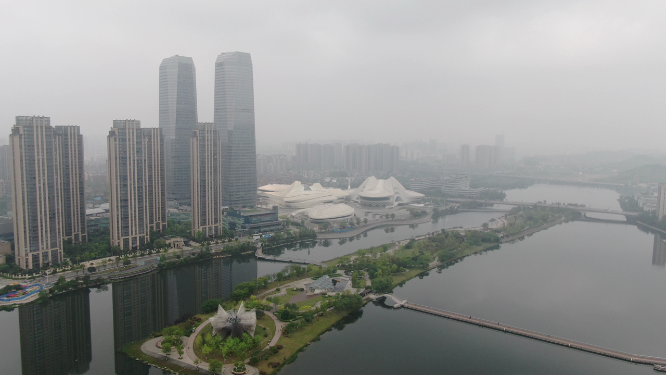 城市航拍湖南长沙梅溪湖节庆岛