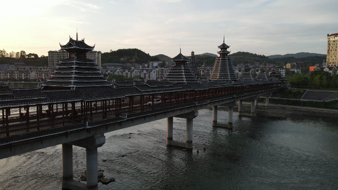 航拍湖南少数民族特色建筑风雨桥古楼