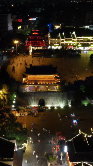 航拍湖南岳阳楼景区汴河街夜景