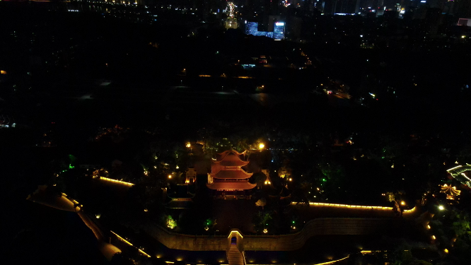 航拍湖南岳阳楼汴河街夜景灯光