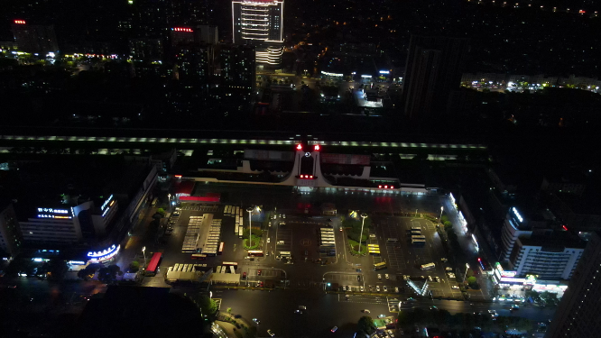 航拍湖南岳阳火车站夜景灯光