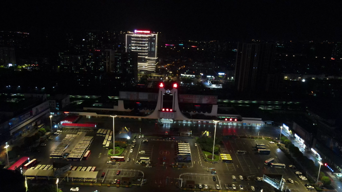 航拍湖南岳阳火车站夜景灯光