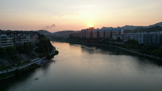 航拍湖南怀化舞阳河日落晚霞夕阳