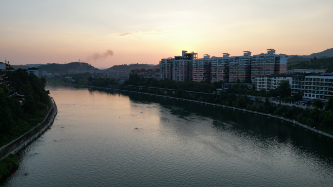 航拍湖南怀化舞阳河日落晚霞夕阳