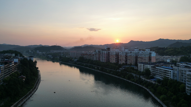 航拍湖南怀化舞阳河日落晚霞夕阳