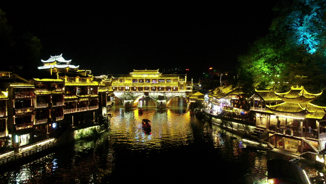 航拍湖南湘西凤凰古城虹桥夜景