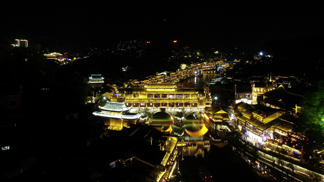 航拍湖南湘西凤凰古城虹桥夜景