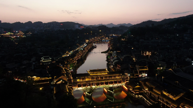 航拍湖南湘西凤凰古城虹桥夜景