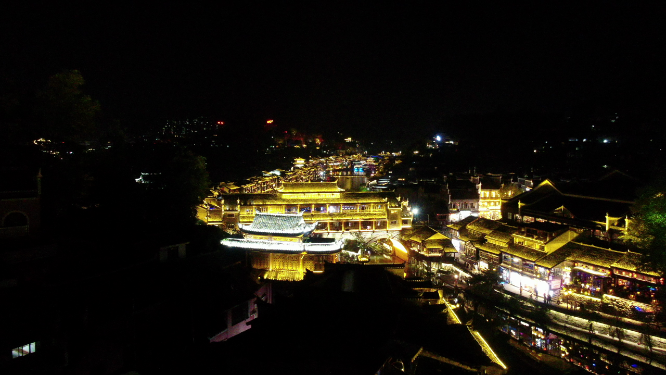 航拍湖南湘西凤凰古城虹桥夜景