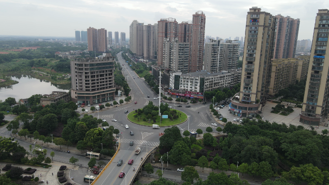 航拍湖南湘阴县城市风光