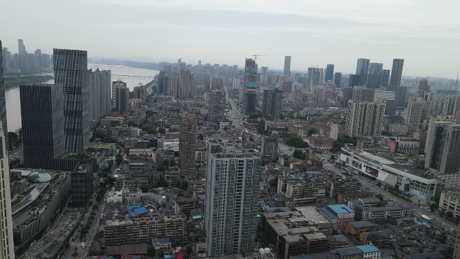 航拍湖南长沙五一商圈高楼建筑 