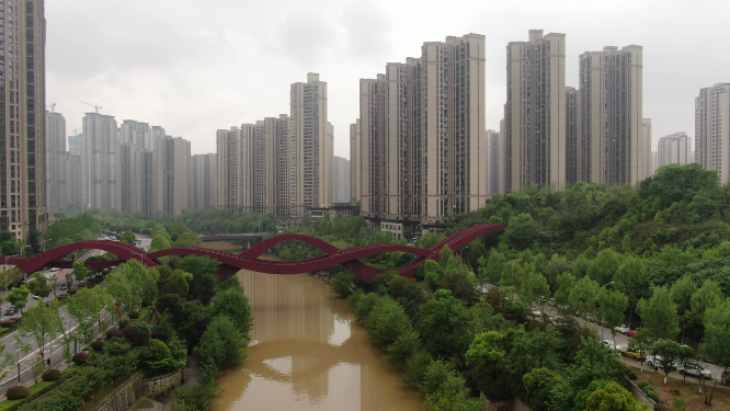 航拍湖南长沙网红中国结桥梁 