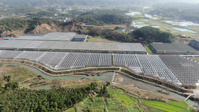 航拍现代农业种植大棚怀化九峰农博园