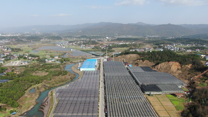 航拍现代农业种植大棚怀化九峰农博园