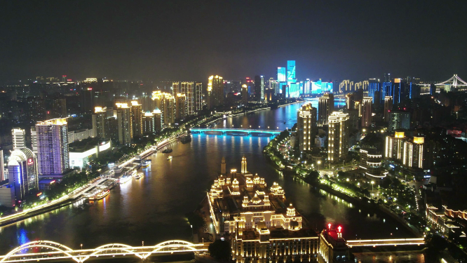 航拍福建福州城市夜景闽江两岸中洲岛