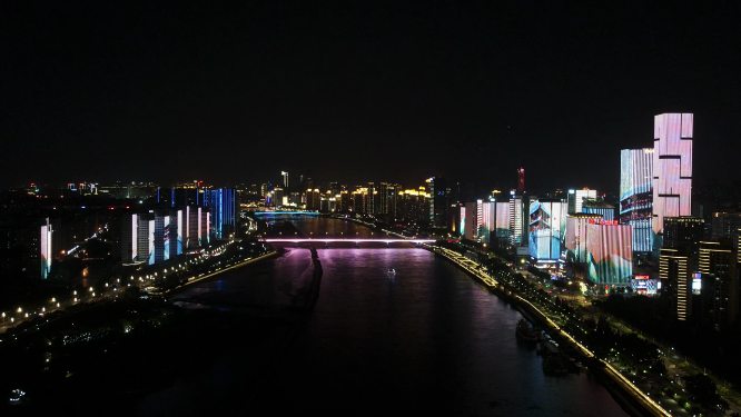 航拍福建福州城市夜景闽江两岸中洲岛