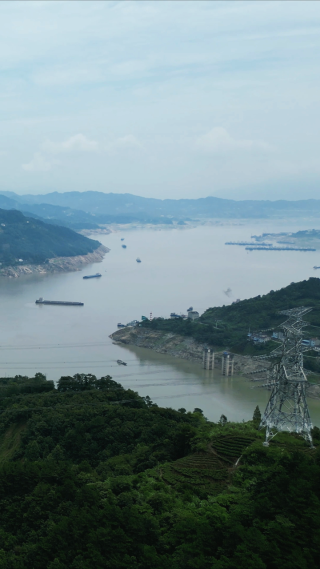 航拍长江三峡货运轮船竖屏