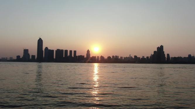 武汉长江日落晚霞夕阳航拍