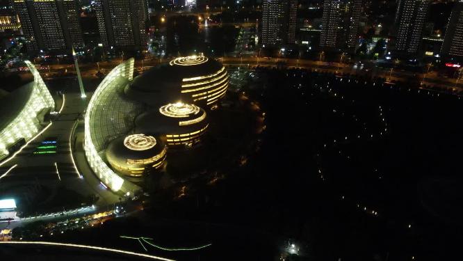 河南郑州文化艺术中心夜景航拍