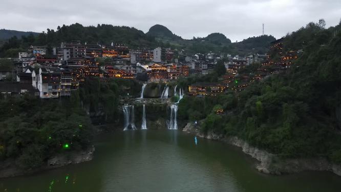 湖南芙蓉镇夜幕降临夜景航拍