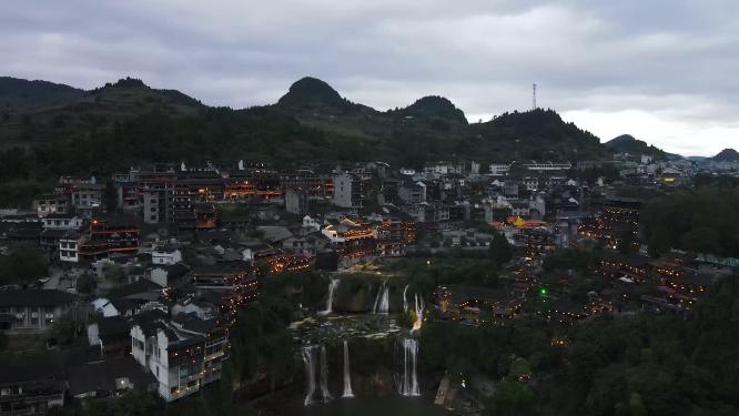 湖南芙蓉镇夜幕降临夜景航拍