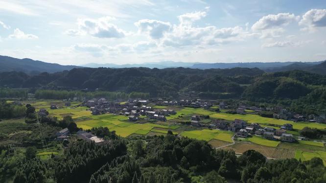 航拍金秋乡村田园金黄稻田